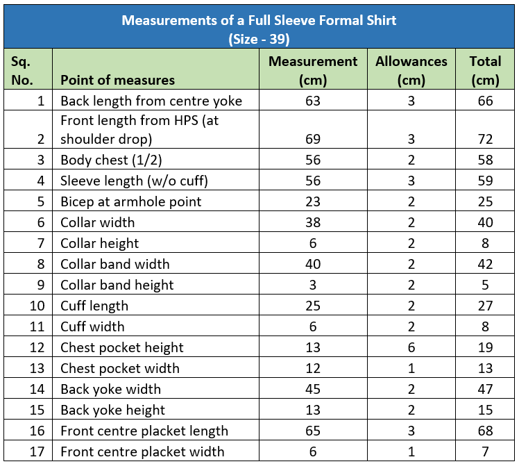 Formal shirt measurements Formal shirt measurements
