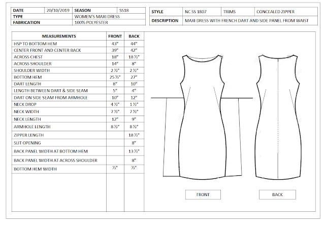 Garment spec sheet