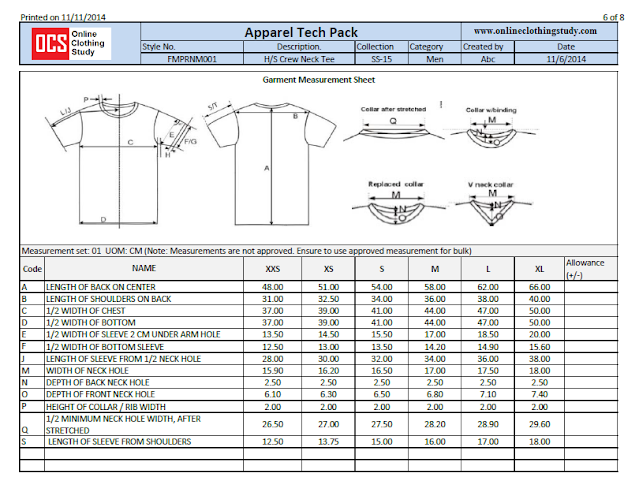 T-shirt measurement sheet